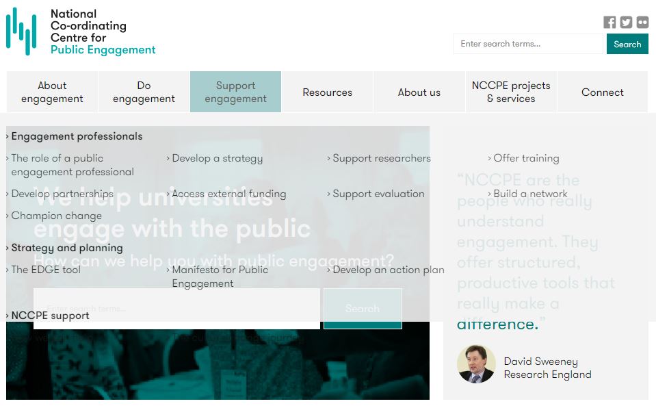 Screenshot of National Co-ordinating Centre for Public Engagement homepage