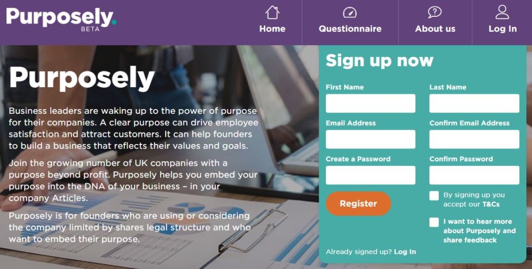 Screenshot of Purposely homepage