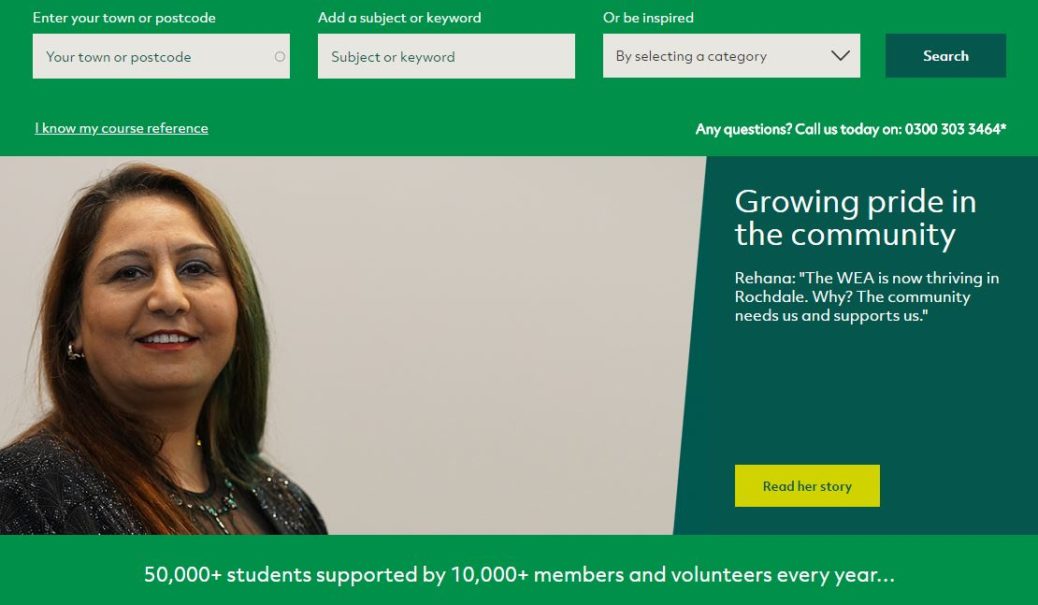 Screenshot of Workers’ Educational Association (WEA) homepage
